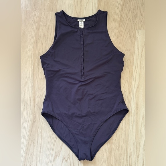 Andie the Malibu onepiece swimsuit navy snap button neck medium bottom coverage - Picture 4 of 7